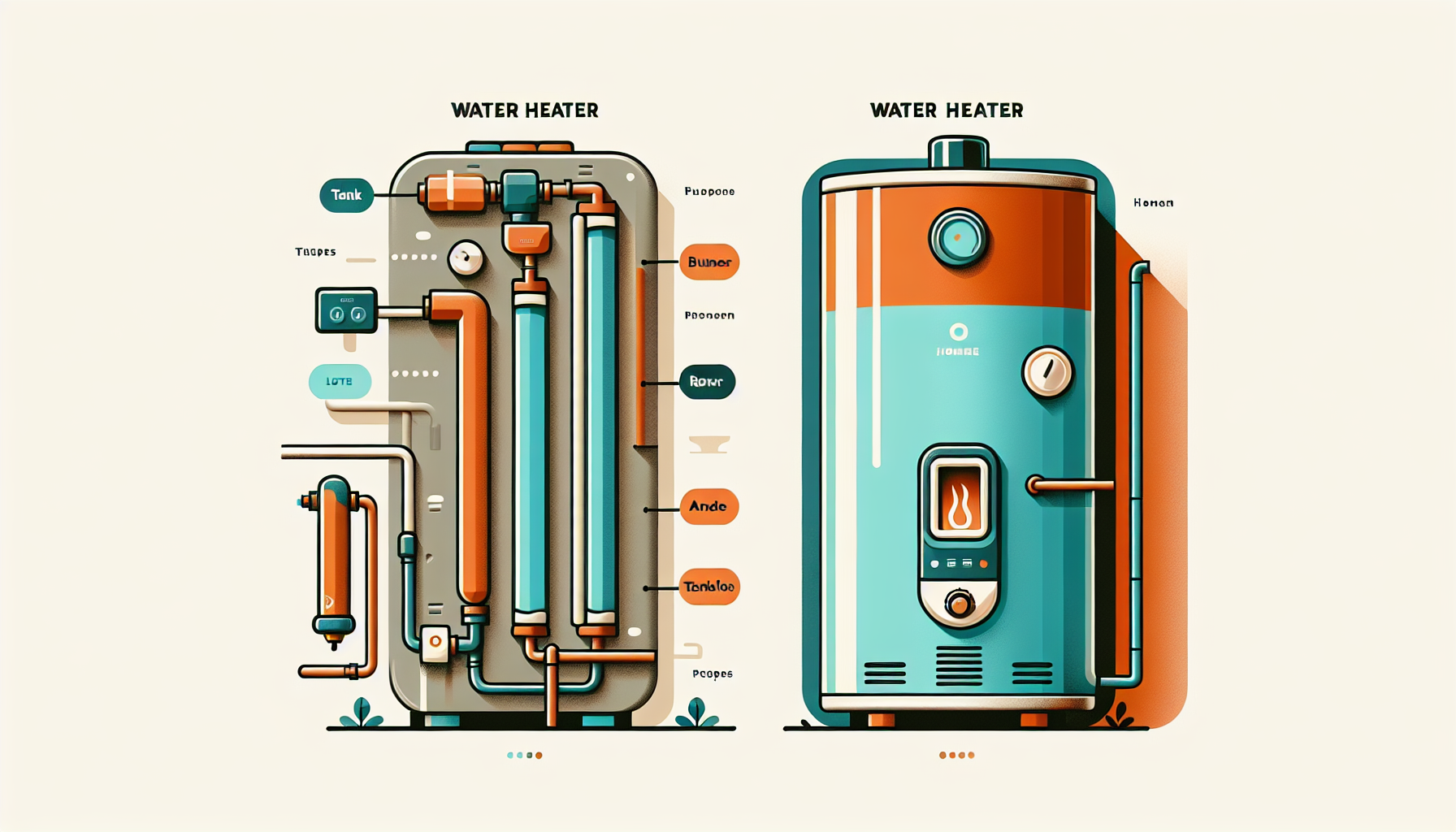 Side-by-side comparison illustration of a traditional tank water heater and a wall-mounted tankless water heater, showing key components
